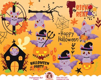 Cute Halloween clipart, bat clip art PNG, spooky clipart, cute monster clipart, ghost clipart, digital stickers, haunted house, pumpkin