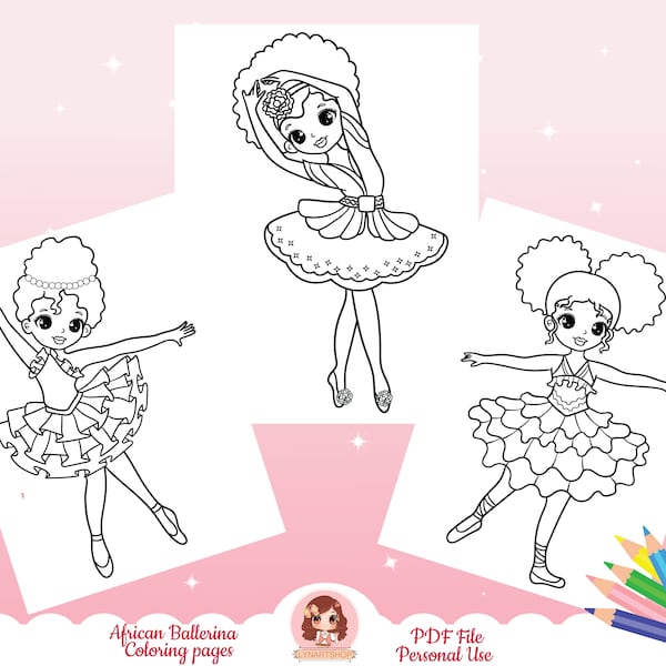 African Ballerina coloring pages for kids, Printable coloring sheets, fairy, princess, black girls, chibi girls, kawaii, coloring book pages