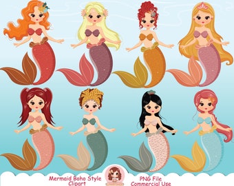 Süße Meerjungfrau Clipart PNG, Meerjungfrauen Clip art, kleine Meerjungfrau, Unterwasser, unter Wasser, Fische, Mädchen Meerjungfrau, Boho Clip Art, hübsches Mädchen