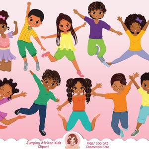 Cute kids clipart, Jumping children, African American kids, happy, joy and excited kids, cartoon boys and girls, back to school children,PNG image 1