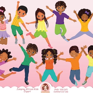 Clipart de niños lindos, niños que saltan, niños afroamericanos, niños felices, alegres y emocionados, niños y niñas de dibujos animados, niños de regreso a la escuela, PNG