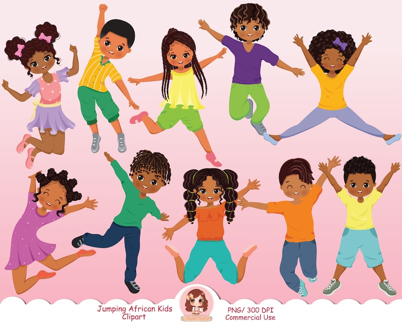 Cute kids clipart, Jumping children, African American kids, happy, joy and excited kids, cartoon boys and girls, back to school children,PNG image 1