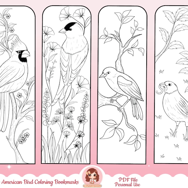 Printable bookmarks for adults, Birds Coloring bookmarks, American bird coloring pages, Northen Cardinal bird, goldfinch, bird drawings, PDF