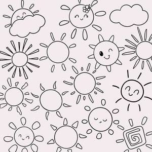 Hand drawn sun clipart PNG, cute sun clip art, happy sun, sunshine clipart, sun faces clip art, black and white, summer, sublimation design