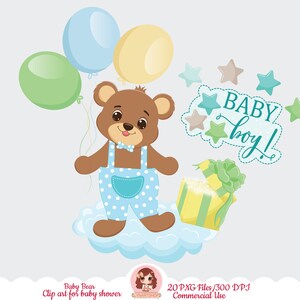 K&ouml;nnte beinhalten: Ein brauner Teddyb&auml;r, der eine blaue Latzhose mit wei&szlig;en Punkten und eine blaue Schleife tr&auml;gt, h&auml;lt gr&uuml;ne, blaue und gelbe Ballons. Der B&auml;r steht auf einer wei&szlig;en Wolke mit einer gelben und gr&uuml;nen gestreiften Geschenkbox daneben. Der Text "BABY boy!" steht auf einem blauen Banner mit gr&uuml;nen Sternen.