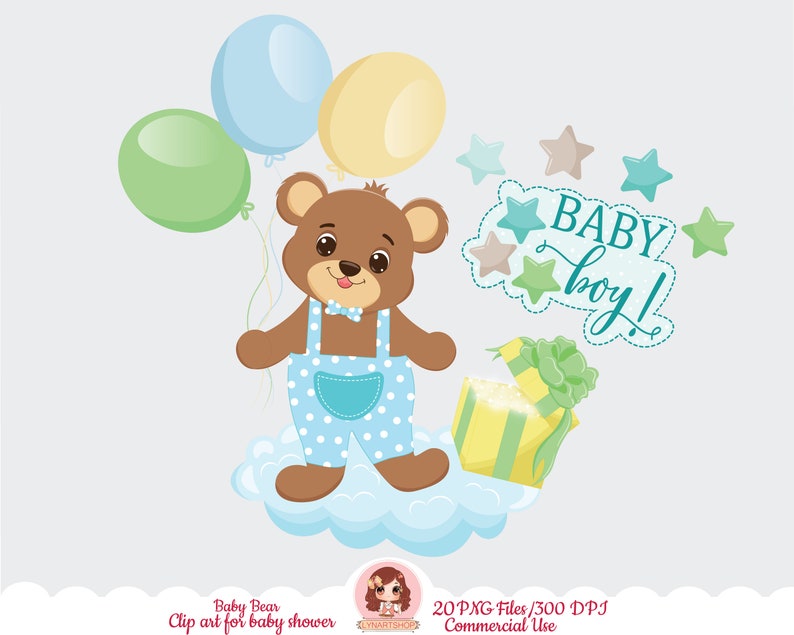 K&ouml;nnte beinhalten: Ein brauner Teddyb&auml;r, der eine blaue Latzhose mit wei&szlig;en Punkten und eine blaue Schleife tr&auml;gt, h&auml;lt gr&uuml;ne, blaue und gelbe Ballons. Der B&auml;r steht auf einer wei&szlig;en Wolke mit einer gelben und gr&uuml;nen gestreiften Geschenkbox daneben. Der Text "BABY boy!" steht auf einem blauen Banner mit gr&uuml;nen Sternen.