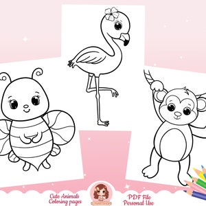 Puede incluir: P&aacute;ginas para colorear en blanco y negro con una abeja, un flamenco y un mono.  Cute Animals Coloring Pages. PDF File Personal Use.