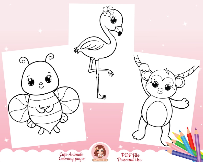 Puede incluir: P&aacute;ginas para colorear en blanco y negro con una abeja, un flamenco y un mono.  Cute Animals Coloring Pages. PDF File Personal Use.