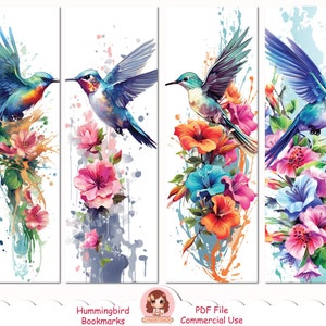 Marcador de colibrí de acuarela imprimible para niños y adultos, marcadores de pájaros americanos, flores, libro, imágenes prediseñadas de flores silvestres, digital, PDF