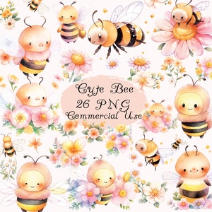 Cute watercolor bee clip art, cute bee, Honeybee Clipart, bees clip art, Spring clip art, cute honey bee, sweet bee, kawaii, nursery, PNG