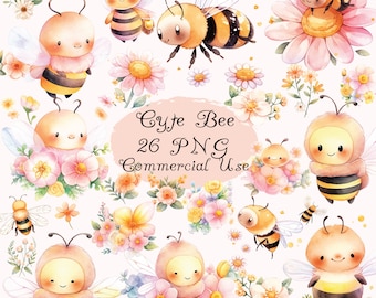 Cute watercolor bee clip art, cute bee, Honeybee Clipart, bees clip art, Spring clip art, cute honey bee, sweet bee, kawaii, nursery, PNG