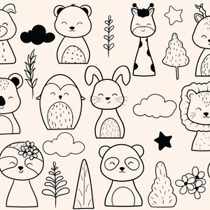 Clipart scandinave line art, clip art animali da vivaio, clipart minimal e semplici, simpatici animali dei boschi, amici della foresta, bianco e nero