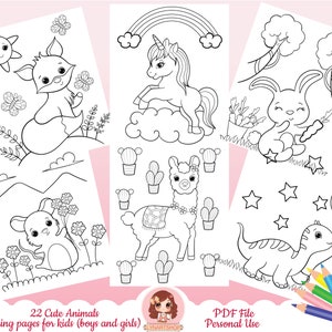 May include: A set of 22 black and white colouring pages featuring cute animals, including a fox, unicorn, bunny, llama, mouse, and dinosaur. The pages are designed for children and include the text "22 Cute Animals Colouring pages for kids (boys and girls)" and "PDF File Personal Use".