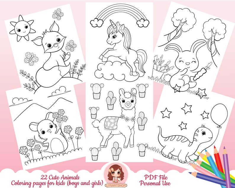 May include: A set of 22 black and white colouring pages featuring cute animals, including a fox, unicorn, bunny, llama, mouse, and dinosaur. The pages are designed for children and include the text "22 Cute Animals Colouring pages for kids (boys and girls)" and "PDF File Personal Use".