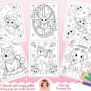 Goth coloring pages, kawaii coloring pages, adult coloring pages, witchy coloring pages, pastel goth coloring pages, creepy gothic coloring image 1