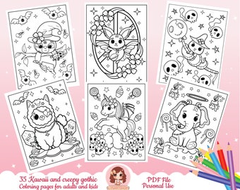 Goth coloring pages, kawaii coloring pages, adult coloring pages, witchy coloring pages, pastel goth coloring pages, creepy gothic coloring