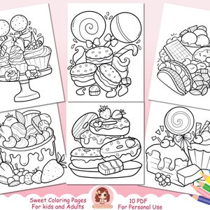 Sweet coloring pages, Printable coloring pages for kids and adults, candy, donut, cake, activity book, activity sheets, kawaii coloring page