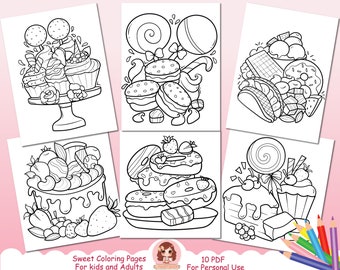 Sweet coloring pages, Printable coloring pages for kids and adults, candy, donut, cake, activity book, activity sheets, kawaii coloring page