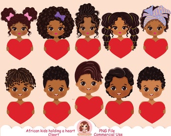 Cute African American kids holding heart clipart, black kids clip art, cute children, boy and girl kids, student, afro kid clipart, PNG