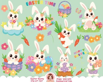 Cute easter bunny clipart PNG, Cute Spring clipart, Easter egg clip art, spring rabbit, flowers, carrot, scrapbooking, sublimation design