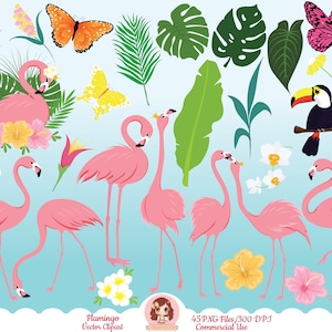 Flamingo clipart, pink flamingos, tropical paradise, summer theme clip art, cute tropical birds, flowers, leaves, PNG bundle, commercial use