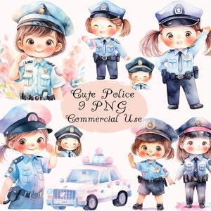 Śliczna akwarela Policjantka clipart PNG, słodkie dziecko clipart, policjantka, zawód, praca, praca, cyfrowe pobieranie przedszkola, komercyjne wykorzystanie