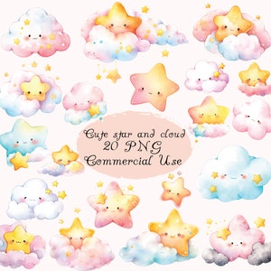 Süße Sterne und Wolken Clipart PNG, Stern ClipArt, Kinderzimmer Thema, Aquarell Kawaii Sterne, druckbare Clipart, digitale Download, kommerzielle Nutzung