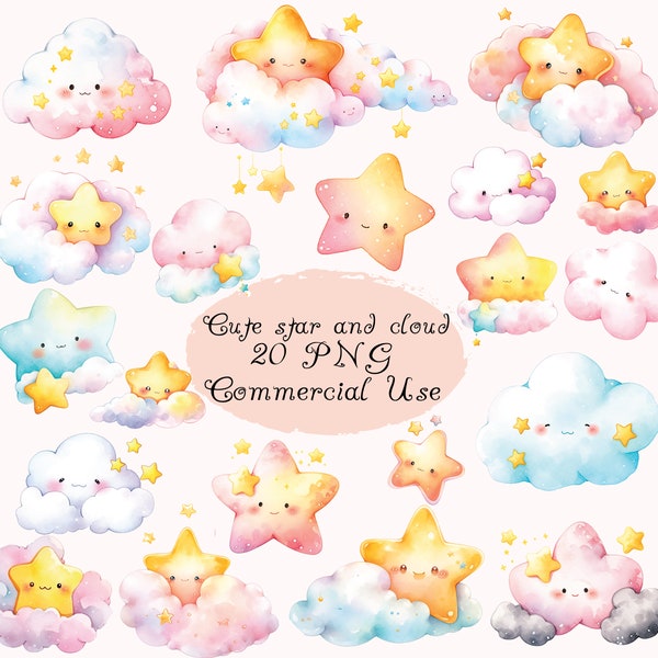 Cute stars and cloud clipart PNG, star clip art, nursery theme, watercolor kawaii stars, printable clipart, digital dowlnoad, commercial use