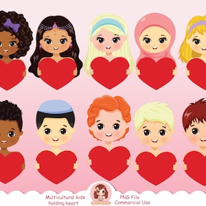 Niños multiculturales sosteniendo imágenes prediseñadas del corazón PNG, imágenes prediseñadas para niños, niños del mundo, lindas imágenes prediseñadas para estudiantes, regreso a la escuela, niños felices