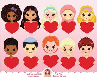 Multicultural kids holding heart clipart PNG, kids clip art, children of the world, cute student clip art, back to school, happy kids