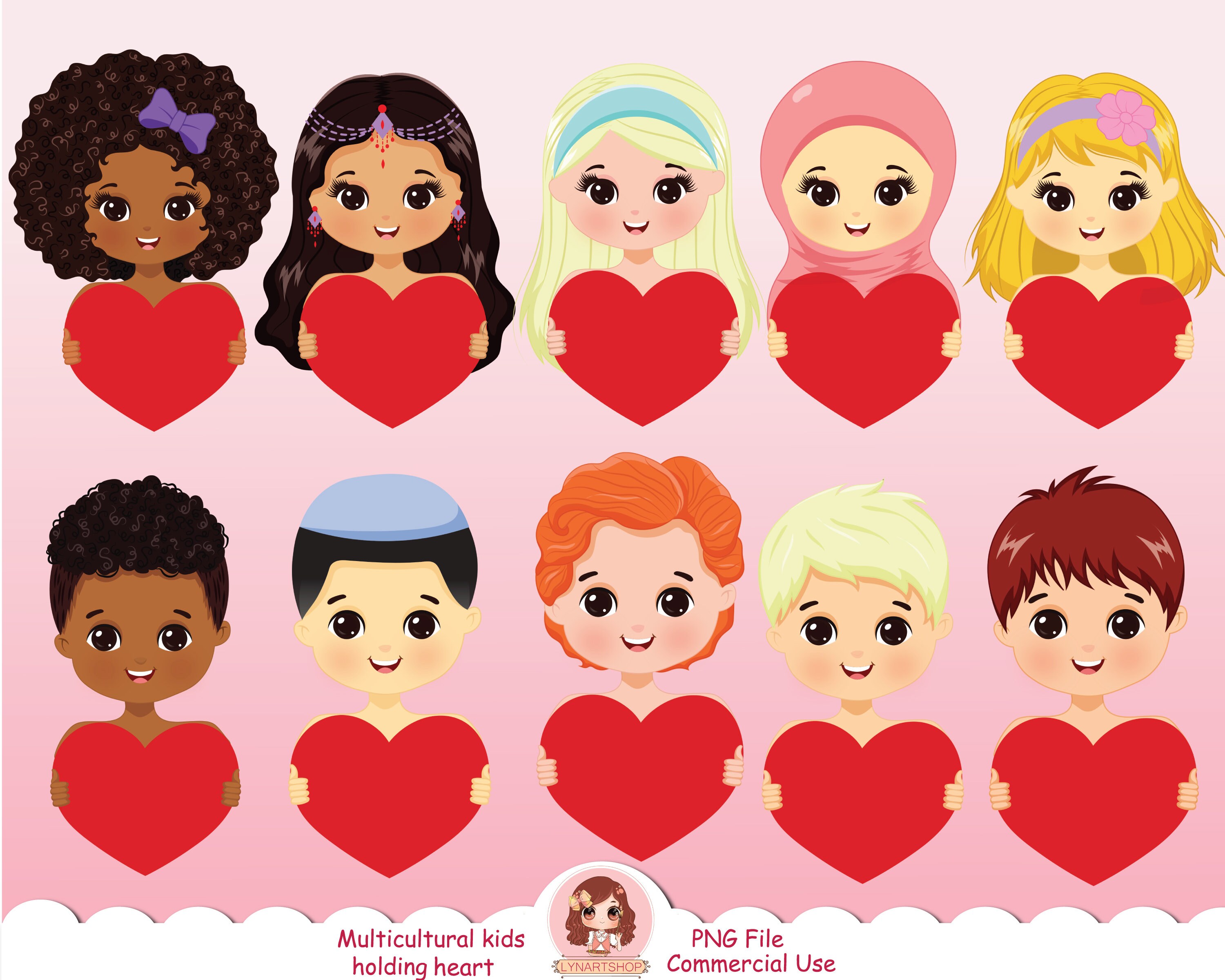 Multicultural Kids Holding Heart Clipart PNG Kids Clip Art - Etsy