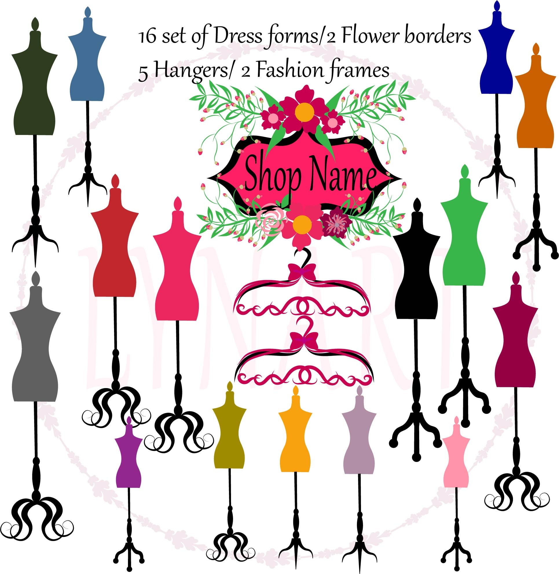 Dress forms/Mannequin clip art/Hangers/Flower borders/Fashion Etsy