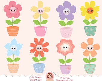 Cute flower vector clipart set, commercial use, flowers clip art, smiley , sweet, lovely emoji flower, plants, pastel, nursery art, PNG