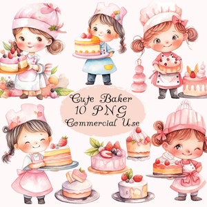 Cute watercolor baker girl clipart PNG, kids clip art, bakery, bread, cakes clip art, cute girl chef, digital download, commercial use