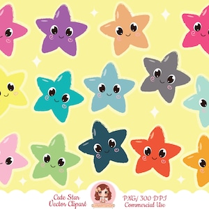 Cute Stars Clip Art, Kawaii Star Clipart, Star Clipart, Stars Clip Art Set, Emoji Expression Cartoon Character, happy star, Utilisation commerciale