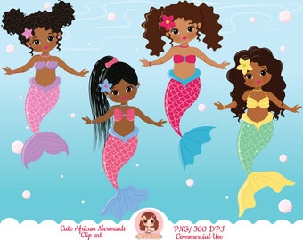 Mermaid clipart, cute mermaid clip art, black mermaid clipart, African mermaid clipart, black mermaid clipart, little mermaid clipart, fish