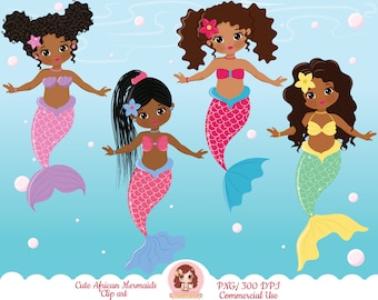 Mermaid clipart, cute mermaid clip art, black mermaid clipart, African mermaid clipart, black mermaid clipart, little mermaid clipart, fish