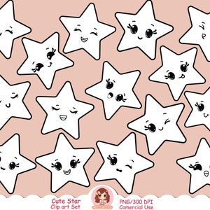 Mignon étoiles Clip Art PNG, tampon numérique Kawaii Star, doodle étoile, dessin au trait, noir et blanc, étoiles Emoji, conception de sublimation, dessin animé étoile