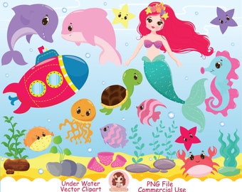Clipart subacquea, Animali sottomarini, simpatiche creature marine, simpatiche sirene clipart, clipart marine, corallo, delfino, pesci, polpo, PNG