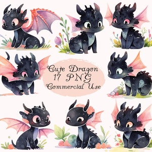 Clipart de dragão preto aquarela fofo PNG, clipart de dragões fofos, dinossauro, caixa de dragão preto, enfermeira, download digital, uso comercial