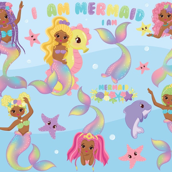 Mermaid clipart, cute mermaid clip art, African mermaid clipart, rainbow and pastel, black mermaid clipart, little mermaid clipart, fishes