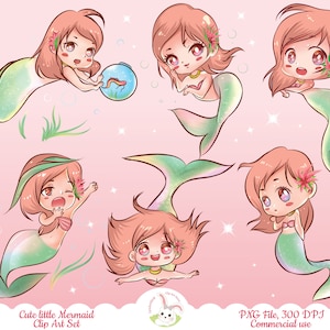 Puede incluir: Conjunto de seis ilustraciones digitales de lindas sirenas de dibujos animados con colas rosas y verdes, cabello rosado y flores. Las sirenas están en varias poses, incluyendo sosteniendo una pecera, nadando y mirando al espectador. El fondo es rosa claro con estrellas blancas.