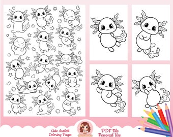 Pages de coloriage Axolotl mignonnes, pages à colorier pour enfants et adultes, animaux mignons, pages d’activités axolotl heureuses, livre de coloriage, feuilles à colorier