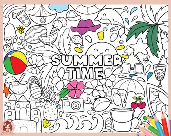 Summer coloring pages for kids and adults, activity sheets, coloring book page, coloring page, printable coloring, sun, beach, ocean, PDF