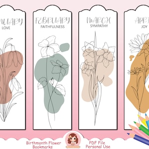 Marque-pages de fleur de mois de naissance, marque-page imprimable, pages à colorier de fleur, style boho de fleur, art de mur de boho, art de clip de bouquet de fleur, PNG