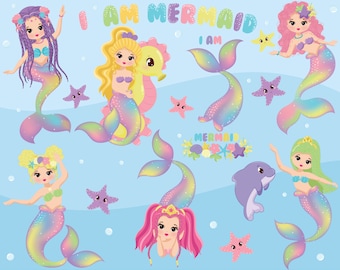 Clipart de sirena, clipart de sirena linda, clipart de sirena brillante, arco iris y pastel, clipart de sirena vectorial, clipart de sirena pequeña, pez