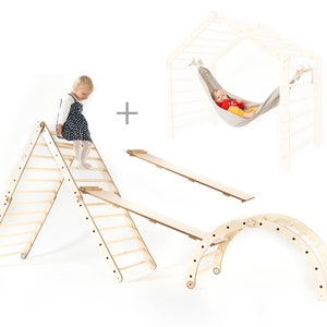 SET of SIX Items: 2 Transformable Climbing Triangles  + Climbing Arch + 2 Sliding Boards + Hammock || Versatile Foldable Climbing Frame