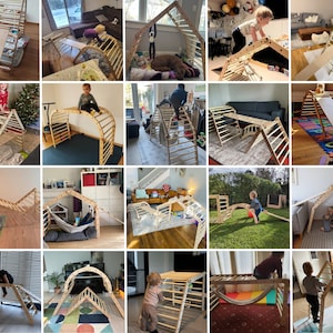 May include: A collage of images showing children playing on a wooden climbing structure with various configurations, including a slide, a ramp, and a tunnel. The structure is made of natural wood and is designed for indoor or outdoor use.