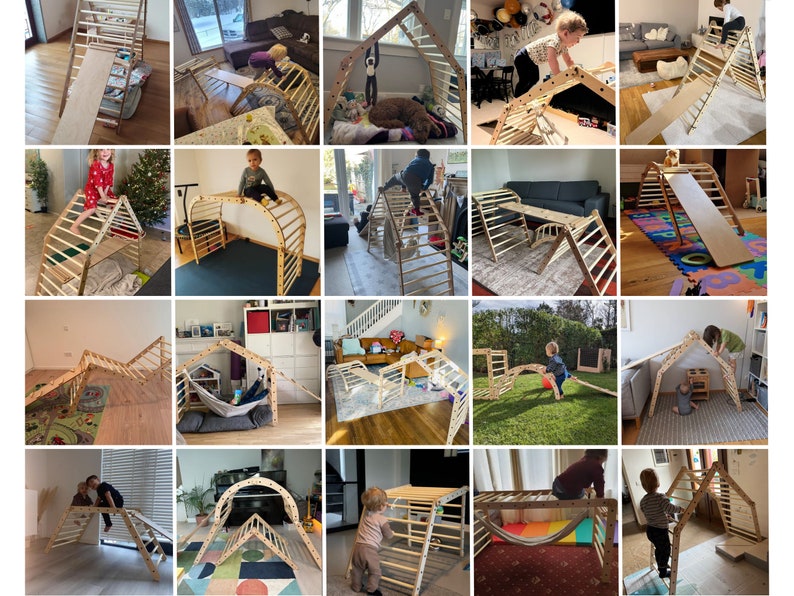 May include: A collage of images showing children playing on a wooden climbing structure with various configurations, including a slide, a ramp, and a tunnel. The structure is made of natural wood and is designed for indoor or outdoor use.