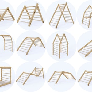 May include: A set of 10 wooden climbing frames for children. The frames are made of natural wood and have different shapes and sizes. Some frames have a ladder, while others have a slide or a platform. The frames are all designed to help children develop their motor skills and coordination.